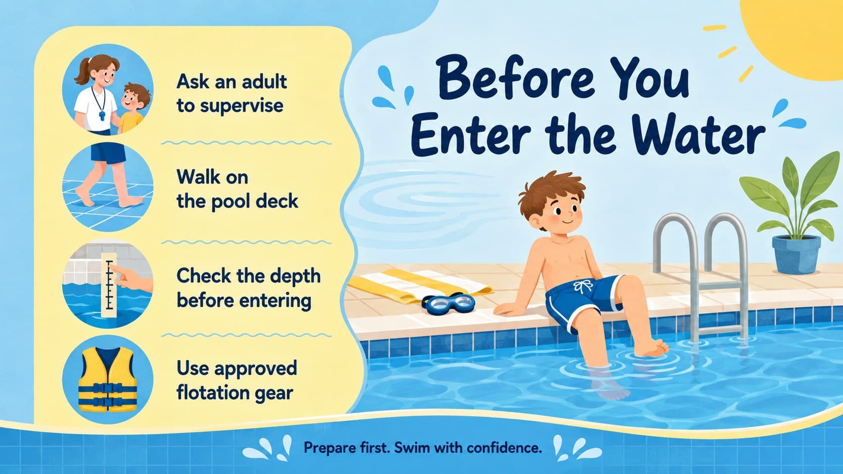 Illustrated water safety rules for kids covering supervision, walking, depth checks, and flotation equipment.