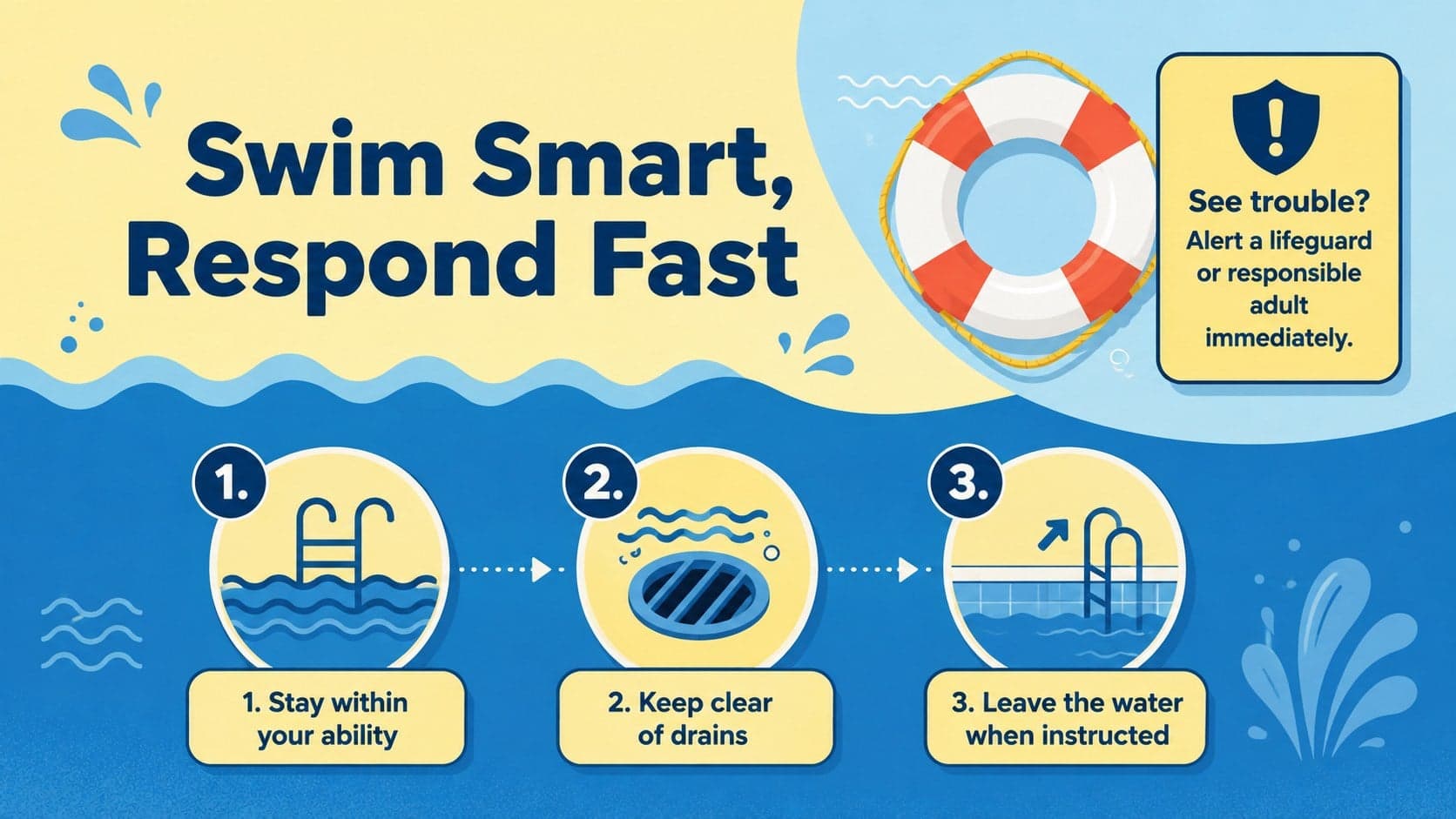 Swimming lesson safety slide showing smart pool behavior and simple emergency response steps in blue and yellow.