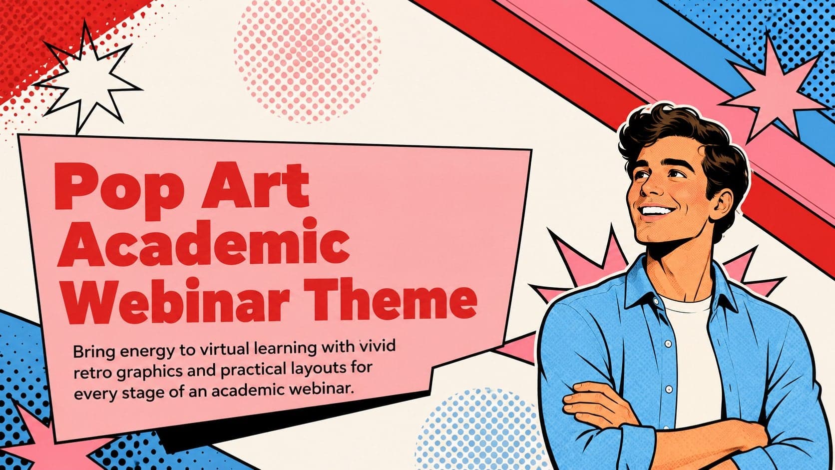 Cover of the Pop Art Academic Webinar Theme with vivid geometric shapes in pink, red, and blue.