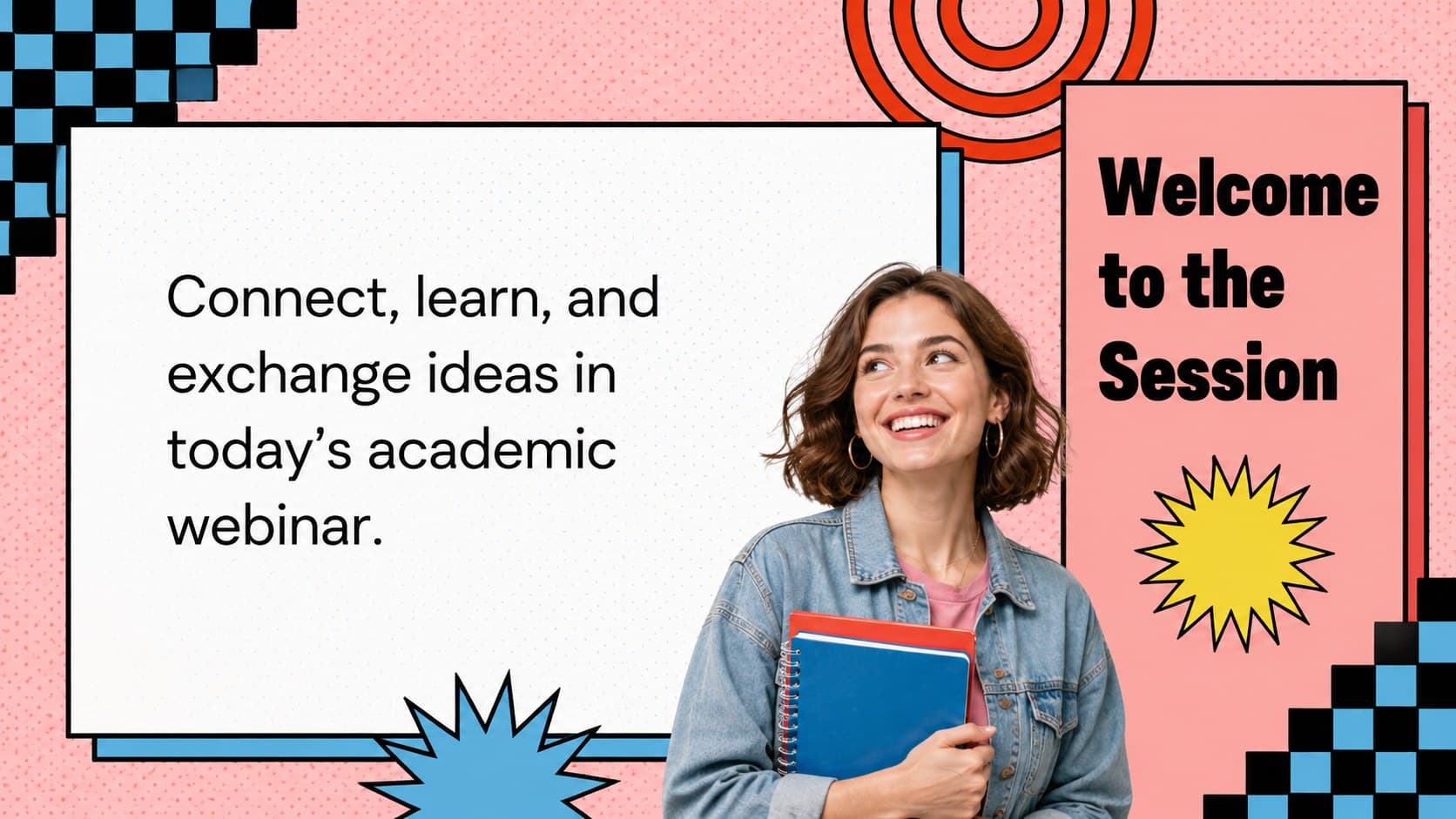 Colorful university webinar presentation welcome slide with a concise opening message and retro geometry.