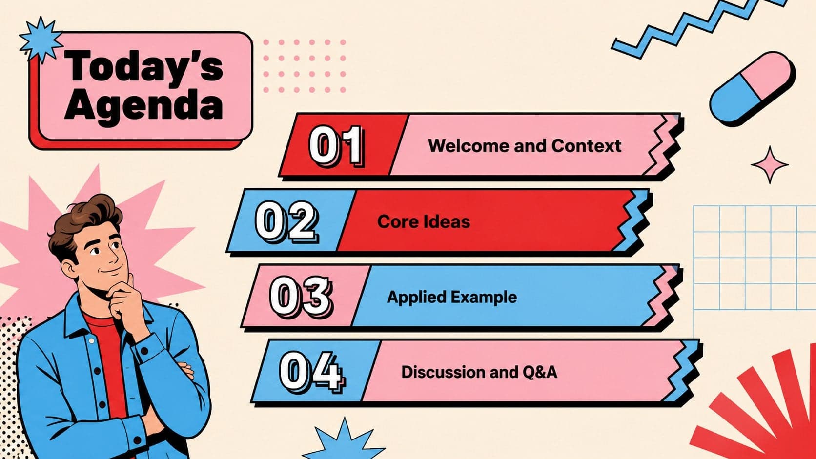 Retro virtual seminar slide deck agenda featuring four clearly organized session topics.