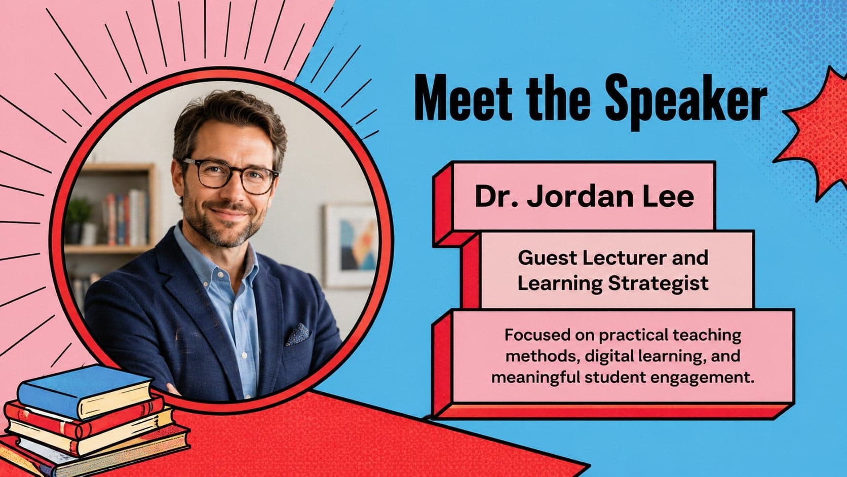 Pop art online lecture template speaker profile with a portrait area and academic credentials.