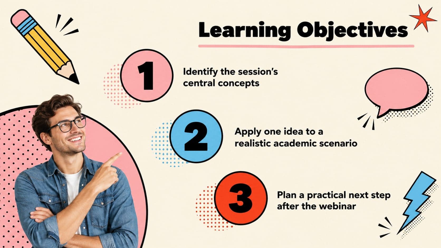 Higher education webinar presentation slide listing three measurable learning objectives.