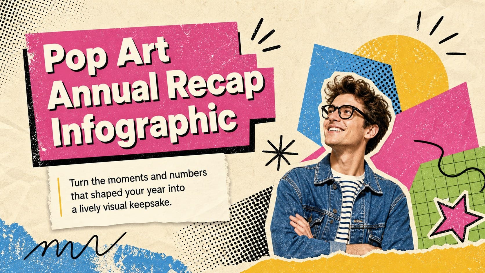 Cover for a pop art annual recap infographic featuring colorful shapes, grunge textures, and bold editorial typography.