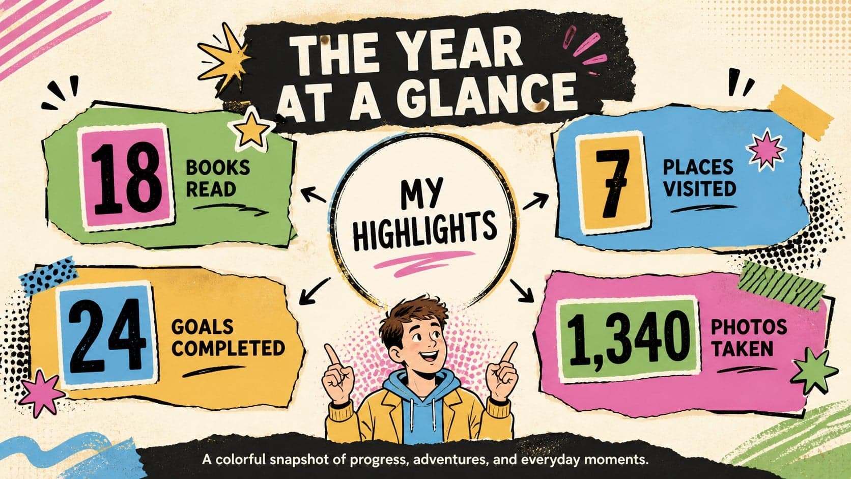 Editable annual recap slide displaying personal statistics with vivid number callouts and pop art graphics.