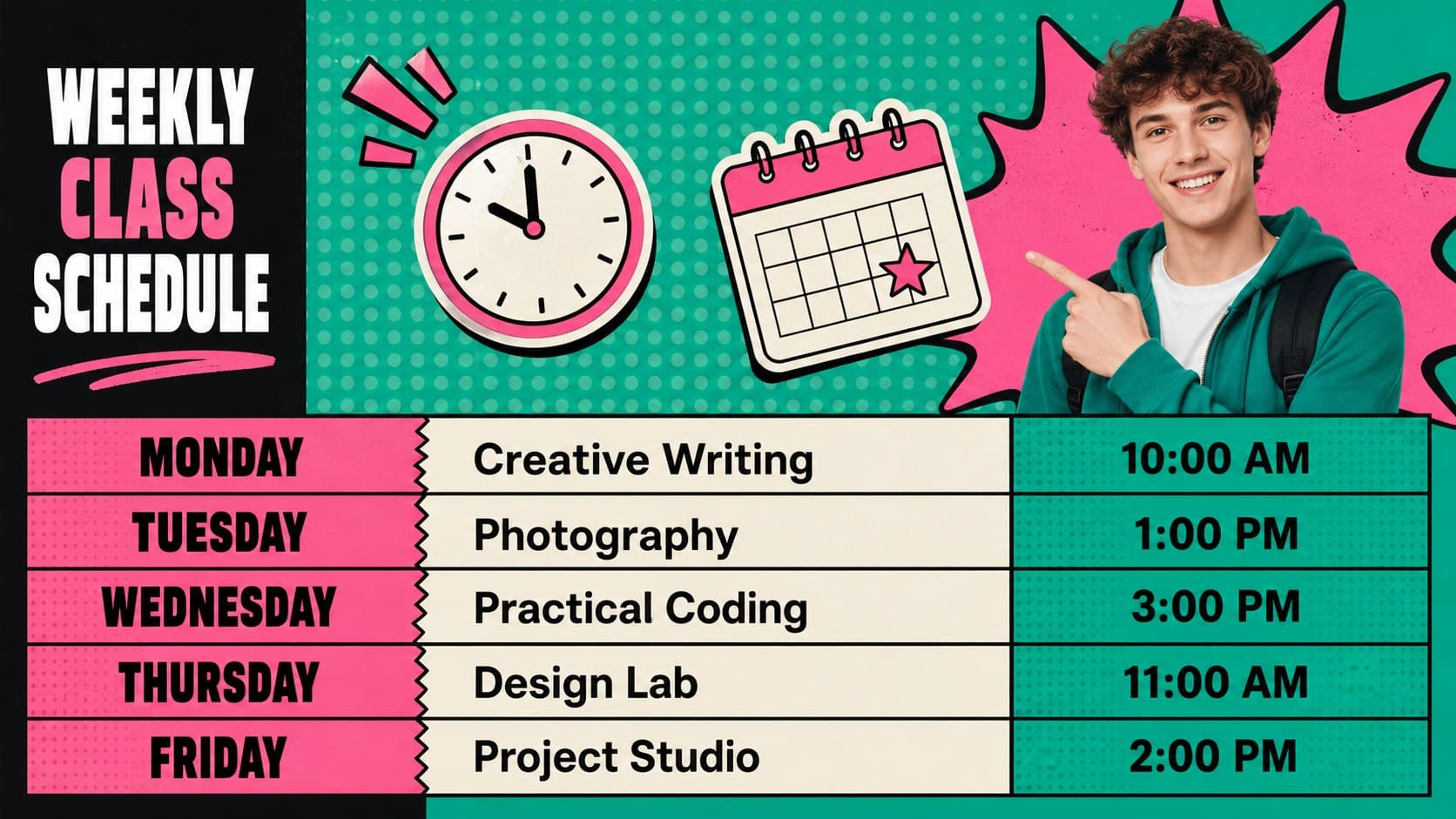 Seasonal course schedule template showing weekday sessions in a bold green and pink calendar layout.