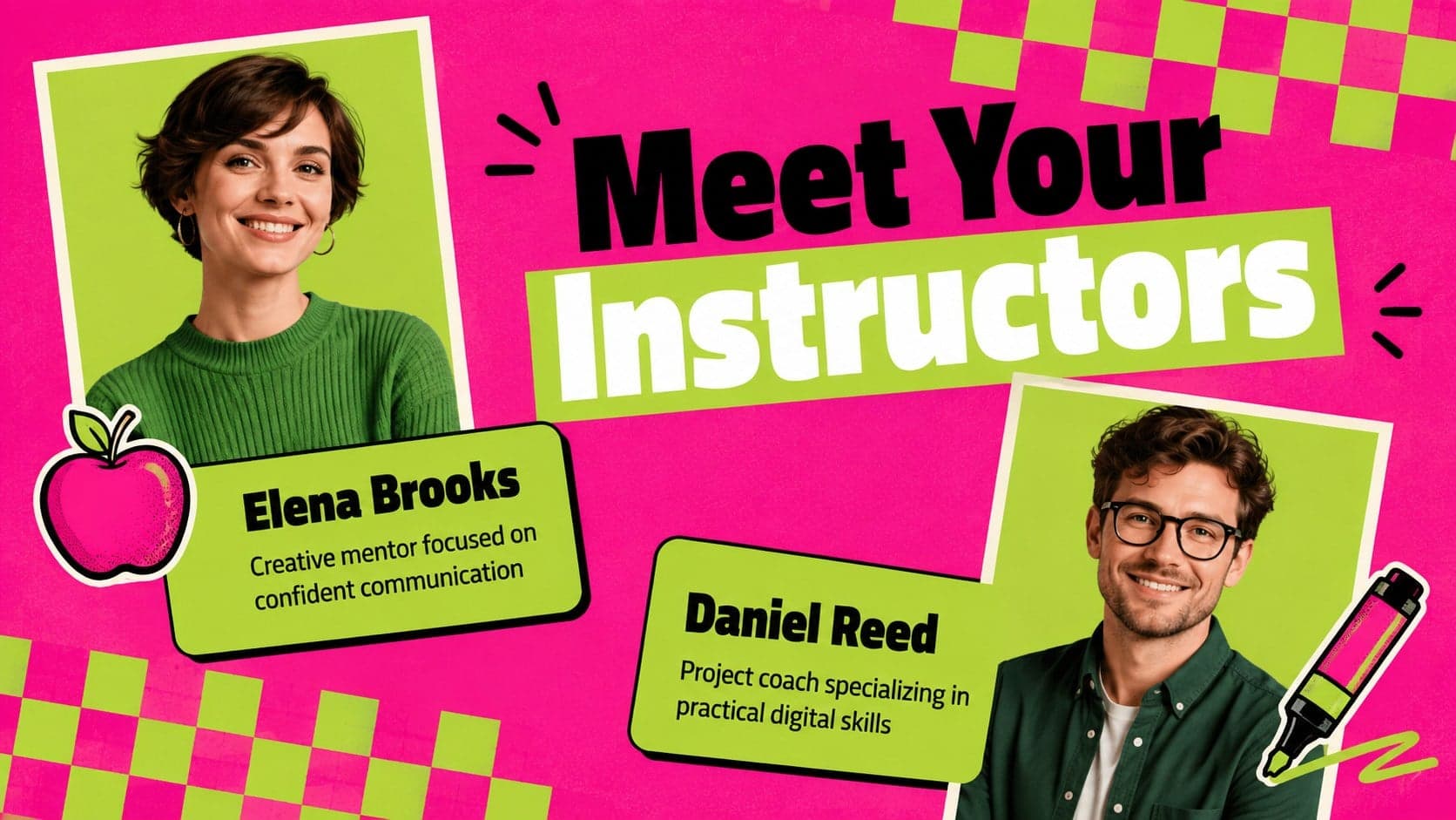Pop art instructor profile slide with two educator portraits and short teaching biographies.