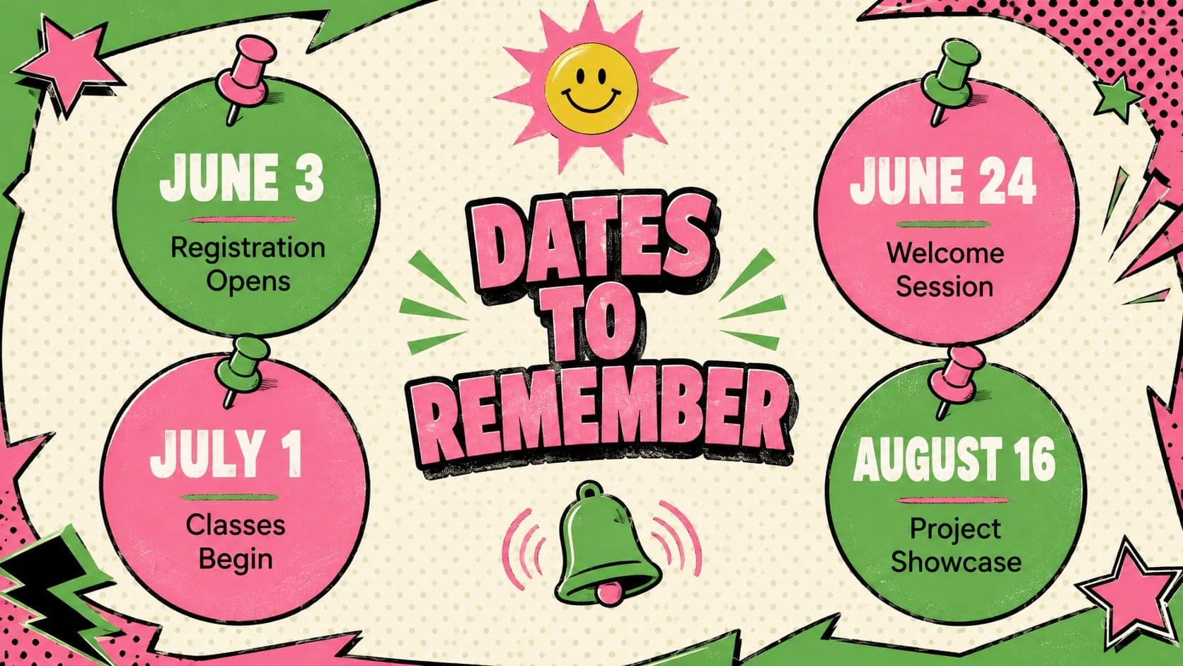 Green and pink course calendar slide highlighting registration, orientation, classes, and showcase dates.