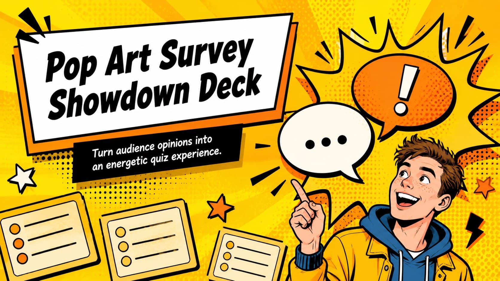 Bright yellow pop art cover slide introducing a family survey game with comic-style shapes and colorful answer-themed illustrations.