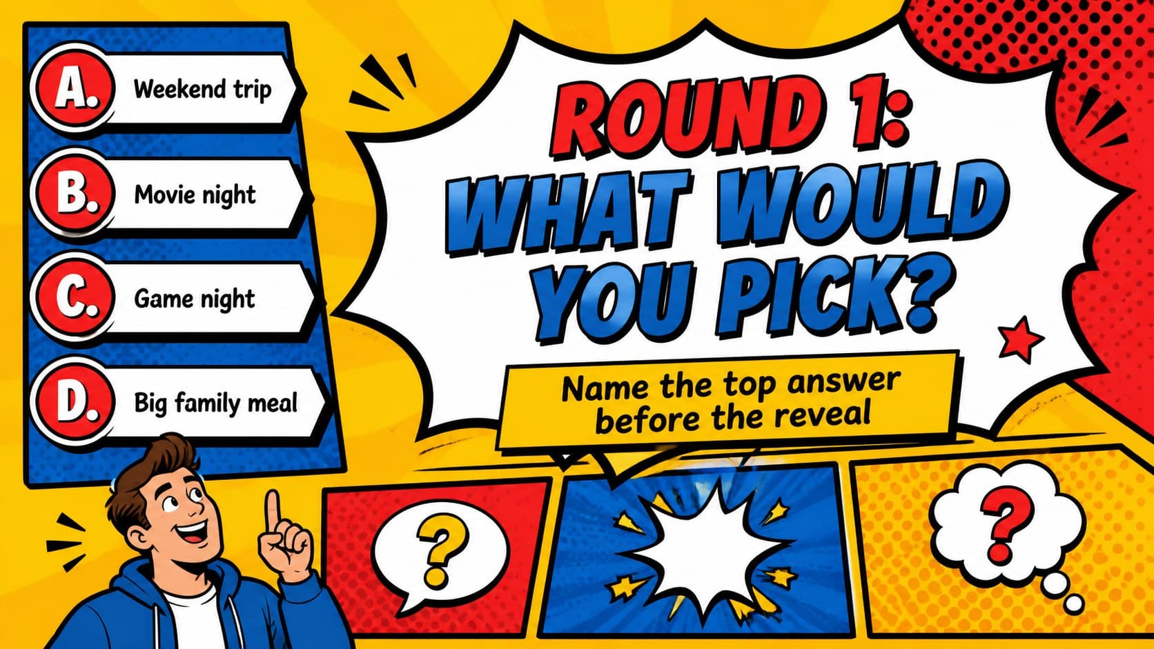 Pop art question slide showing a lively survey prompt, answer choices, and illustrated response cards for a classroom survey quiz.