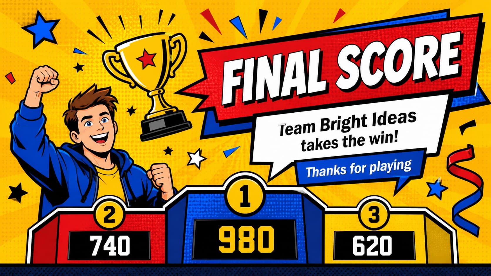 Playful yellow scoreboard slide celebrating the winning team with colorful stars, points, and a final survey-game message.