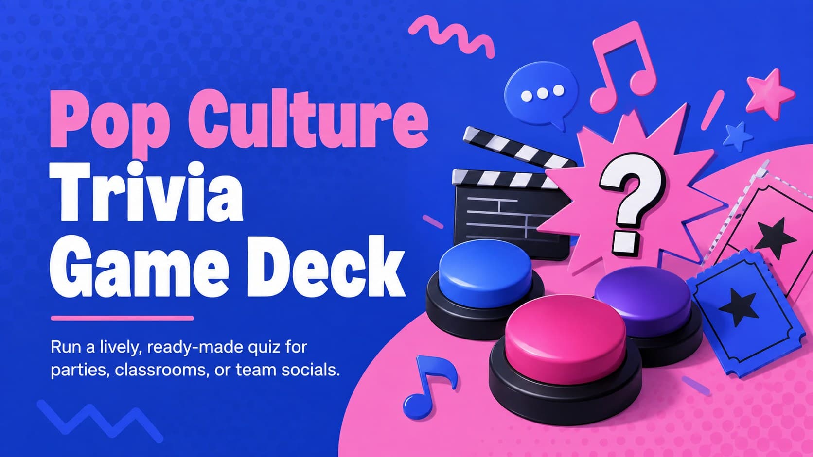 Colorful cover for a Pop Culture Trivia Game Deck with blue and pink geometric game-show graphics.
