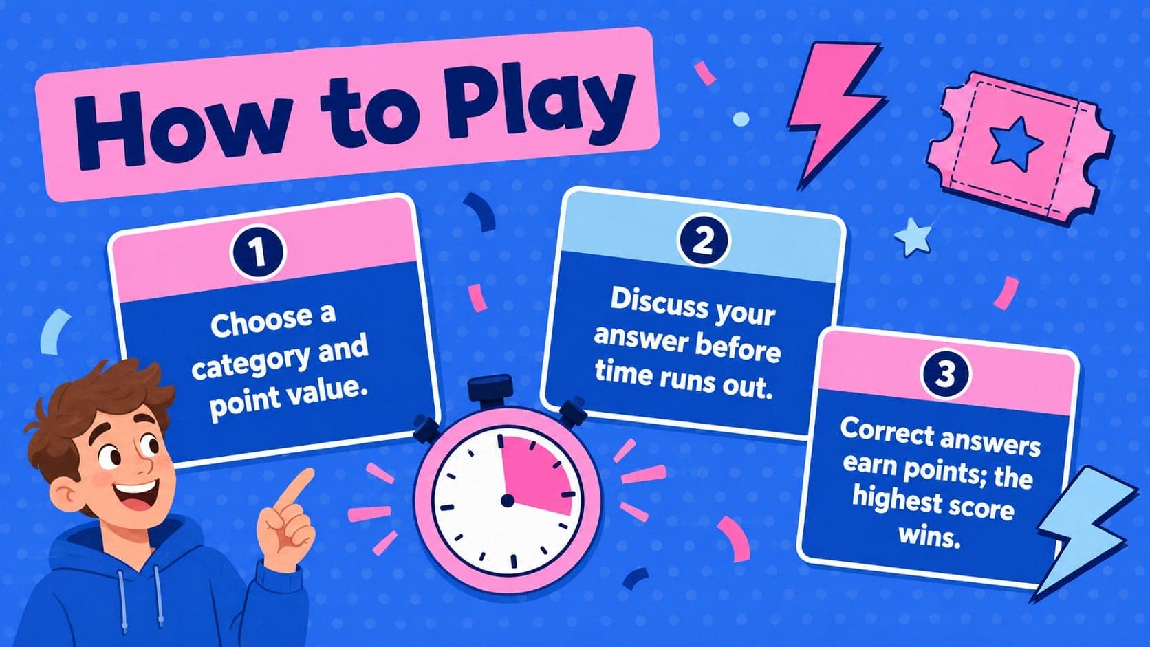Blue and pink trivia instructions slide explaining how to play the interactive pop culture quiz.