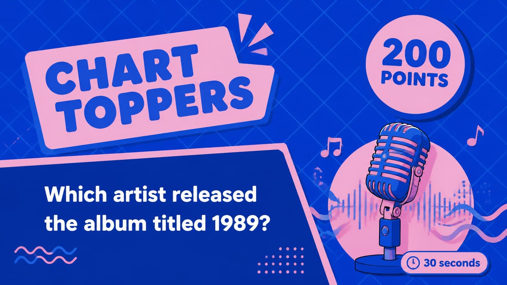 Pop music trivia question slide with a bold timer and blue-and-pink geometric decorations.