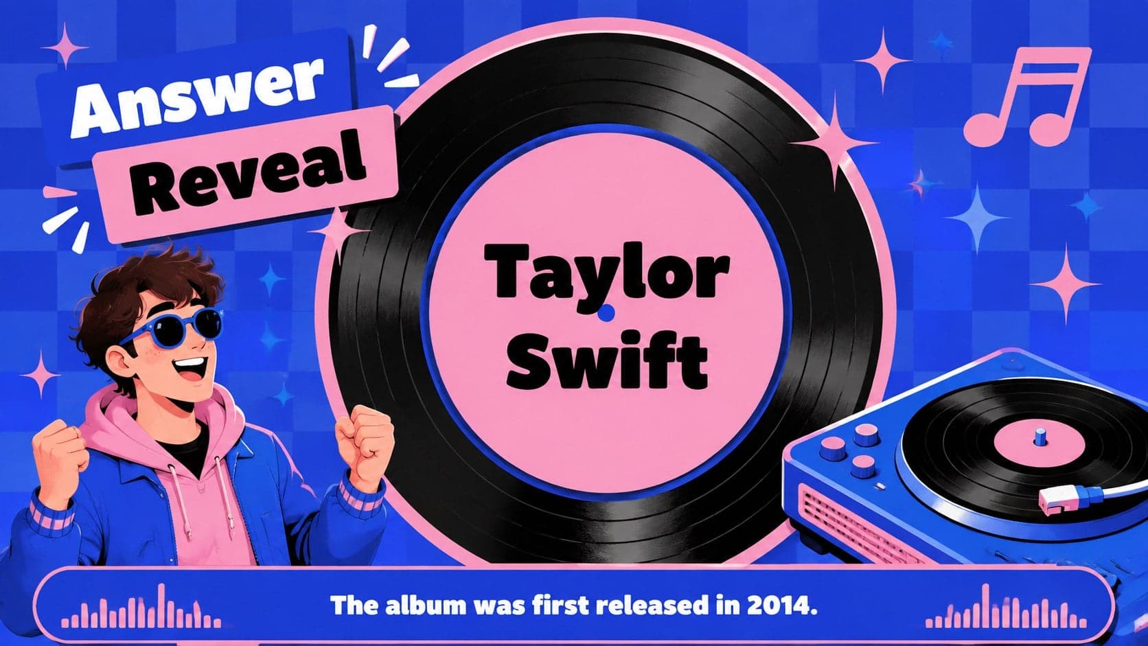 Answer reveal slide for a colorful pop culture music quiz in PowerPoint or Google Slides.