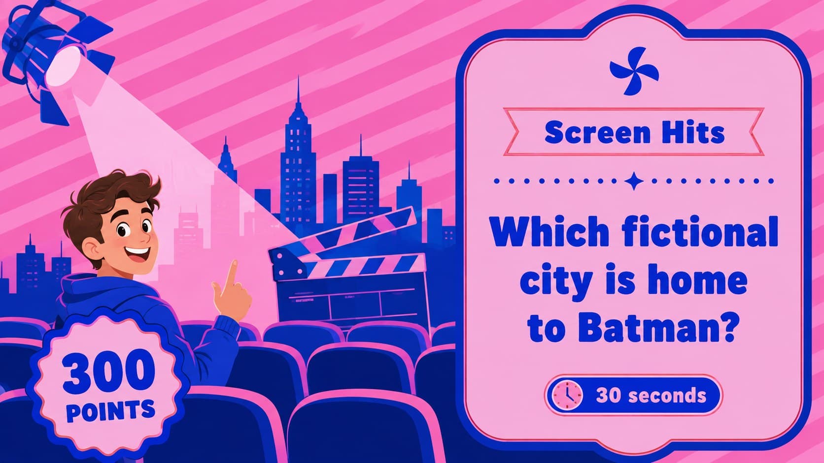 Movie and television trivia question slide with bright geometric game-show styling.