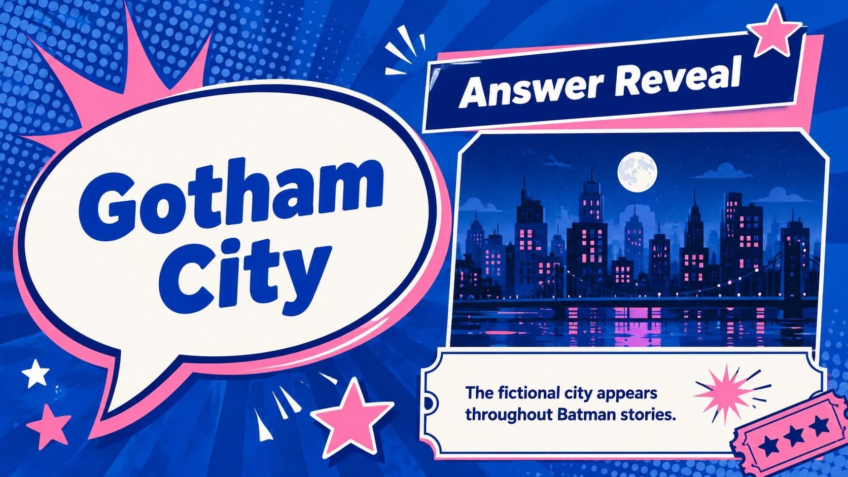 Movie trivia answer reveal featuring the answer Gotham City in a blue and pink quiz layout.