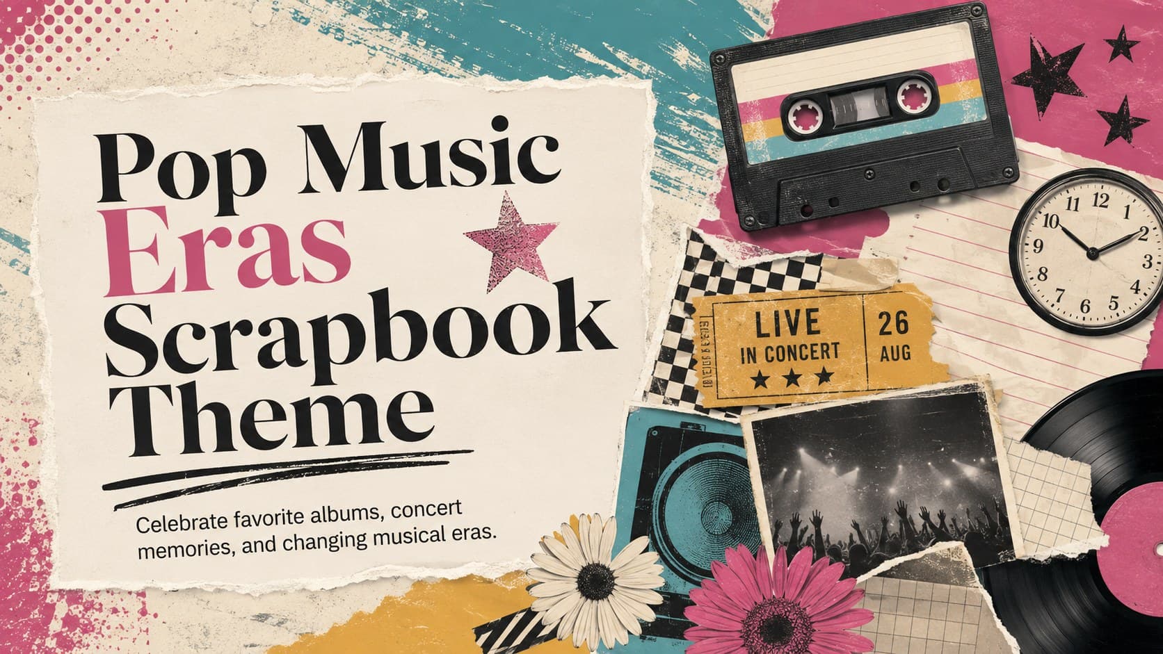 Colorful cover for a Pop Music Eras Scrapbook Theme with retro collage accents, music ephemera, and bold editorial typography.