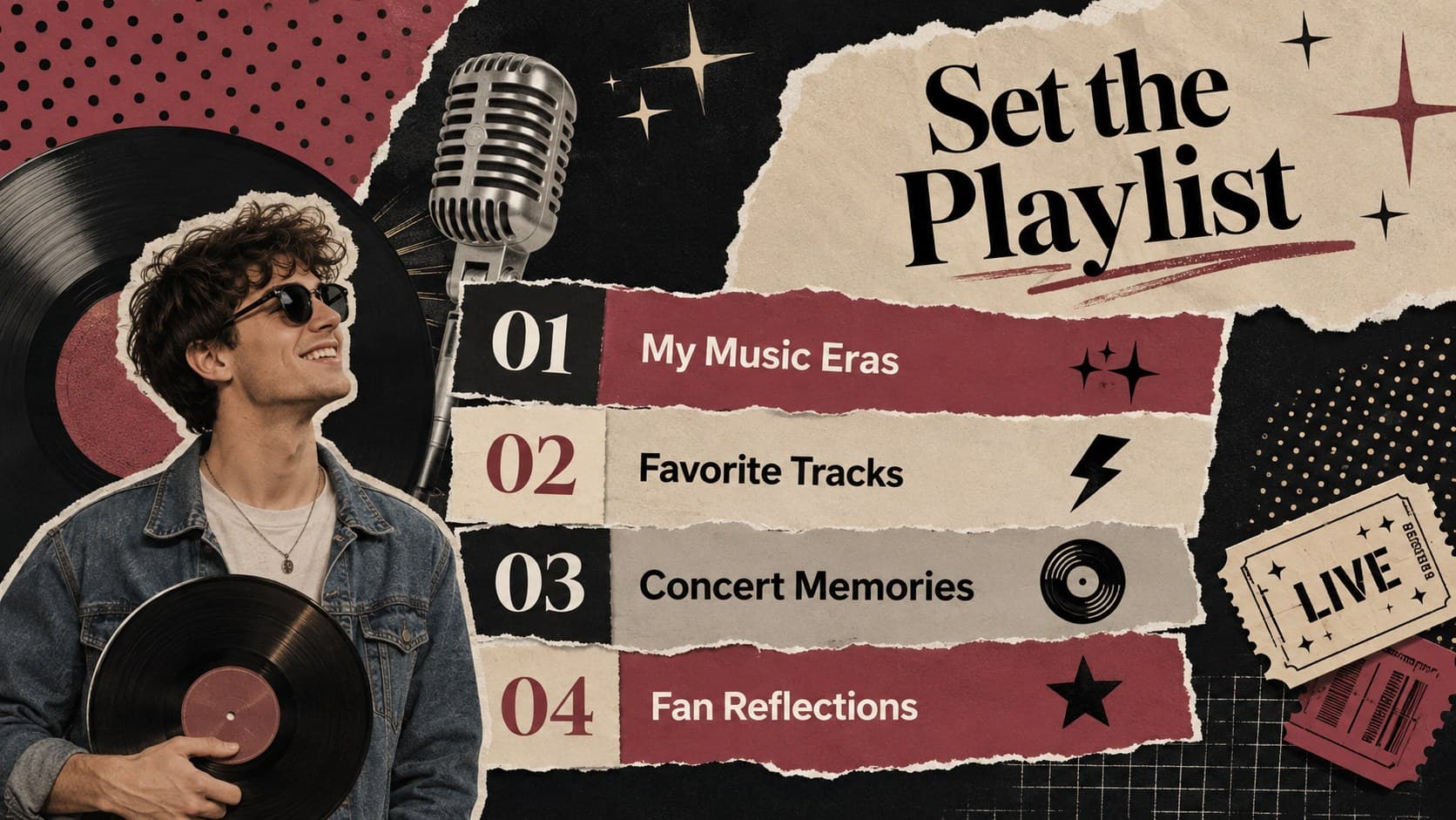 Retro scrapbook agenda slide outlining sections for a colorful music fandom timeline presentation.