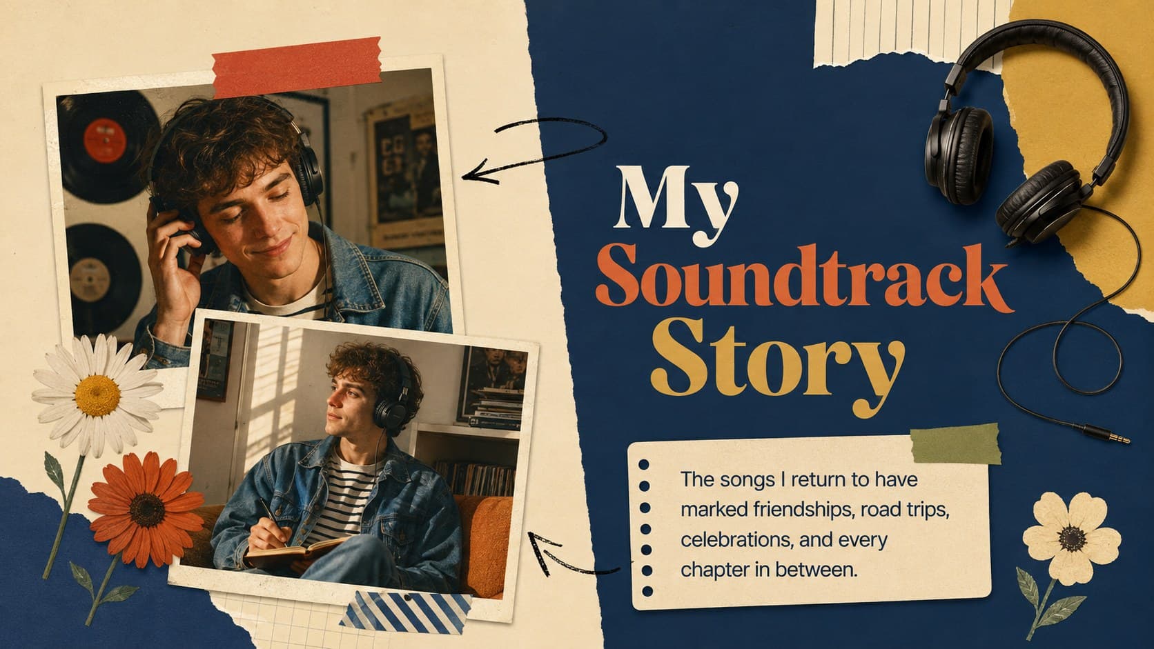 Vintage pop scrapbook presentation slide introducing a fan's personal connection to music through photos and notes.