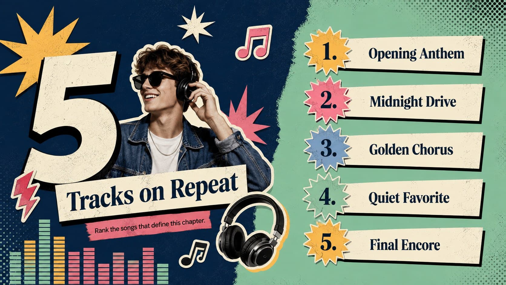 Listening party slideshow deck page ranking five favorite songs with playful stars and vintage chart styling.