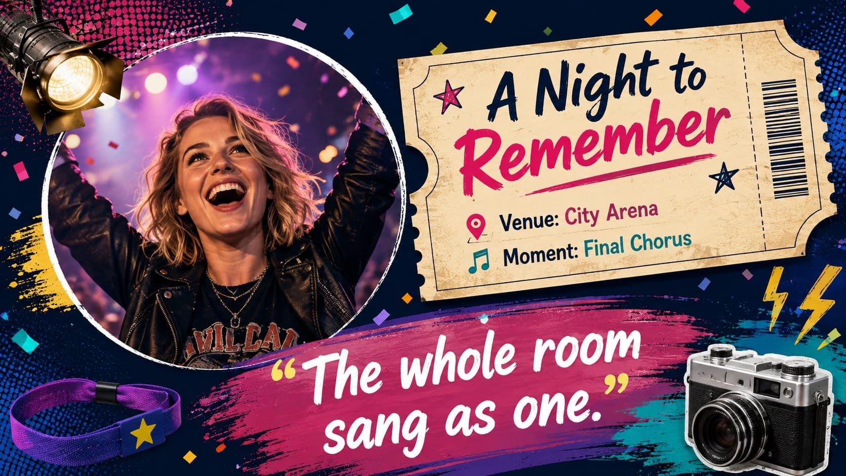 Concert recap PowerPoint template slide featuring an original fan portrait, ticket details, and a show highlight quote.