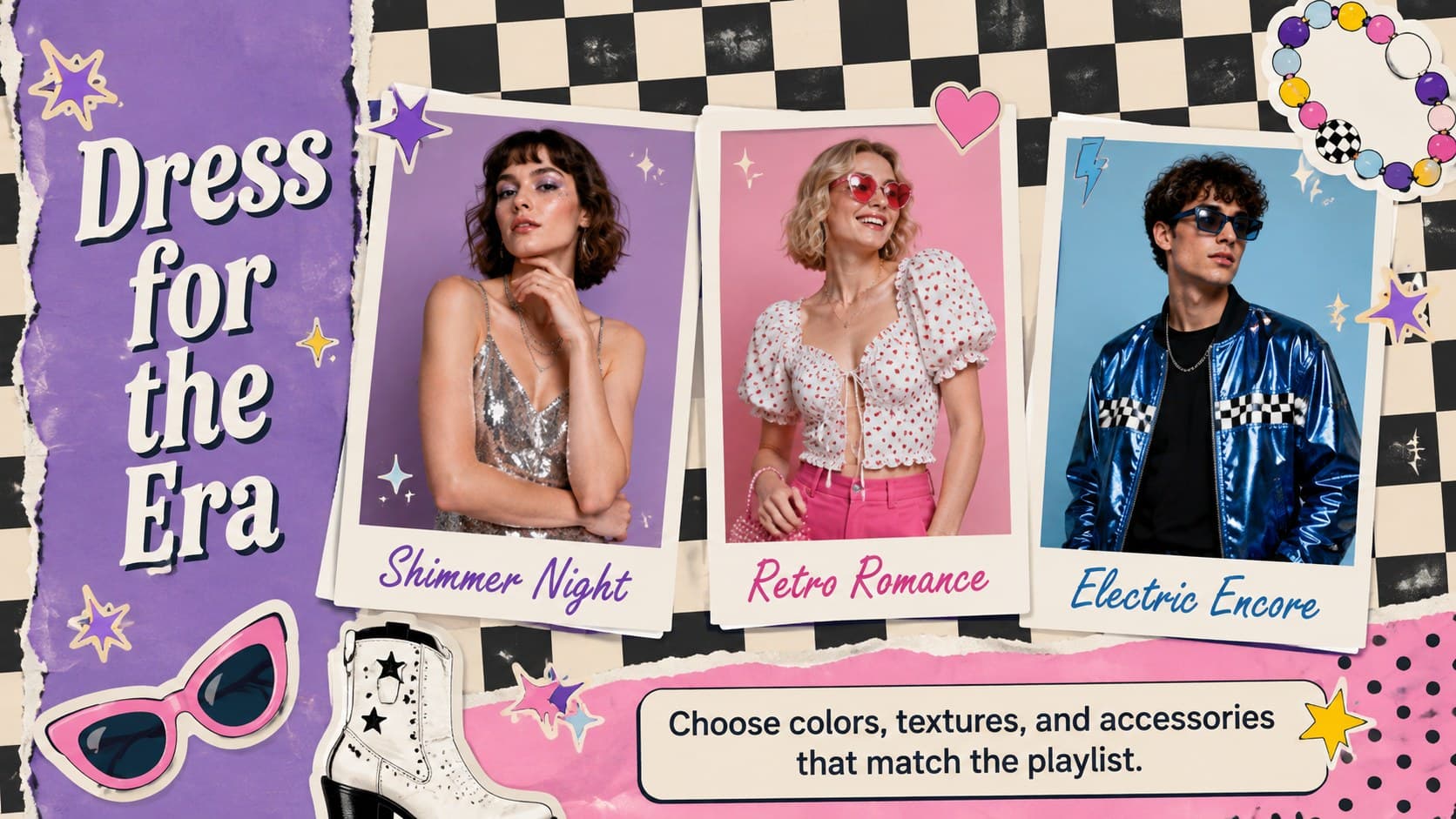 Colorful music fan Google Slides theme page comparing three concert outfits with scrapbook labels and accessory sketches.