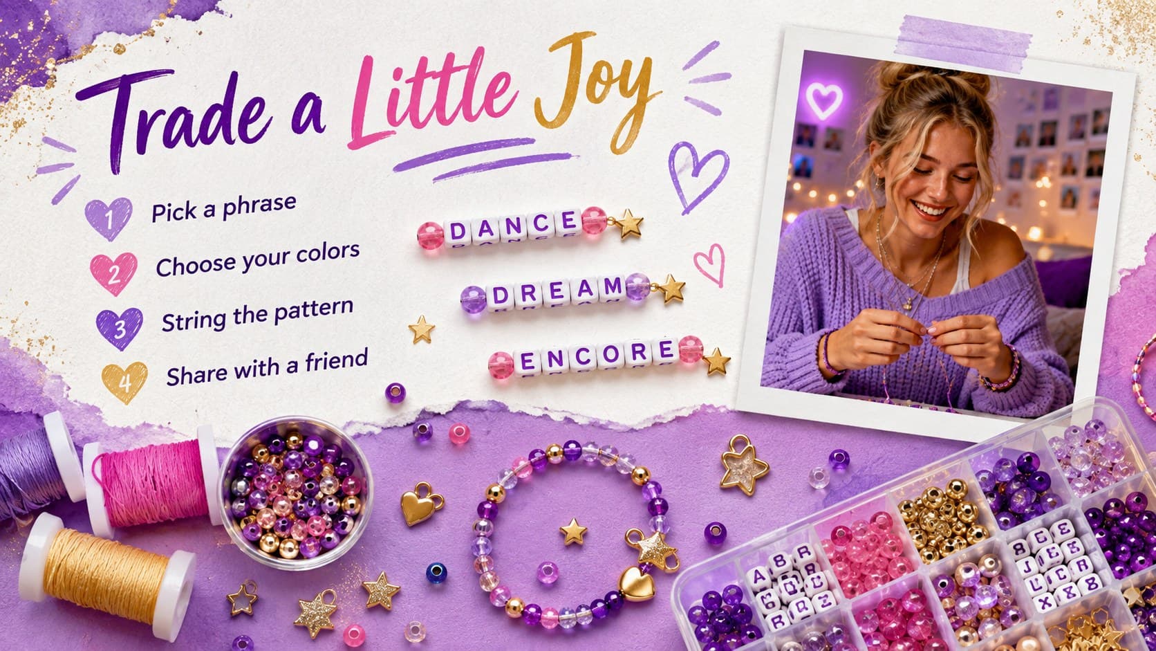 Friendship bracelet party presentation slide with colorful bead patterns, message ideas, and a simple activity layout.