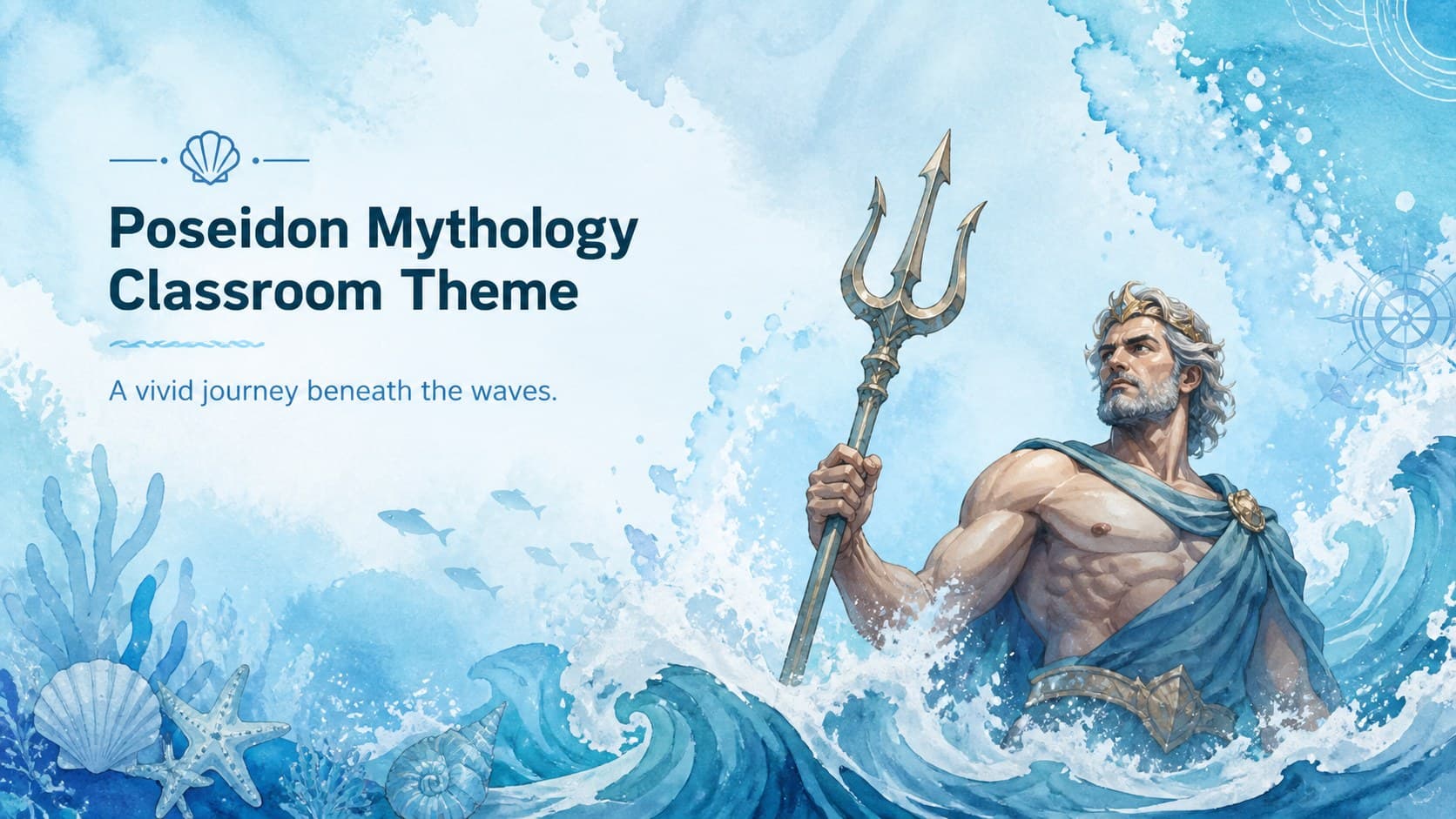 Cover of the Poseidon mythology classroom theme with blue watercolor waves and an original sea-god illustration.