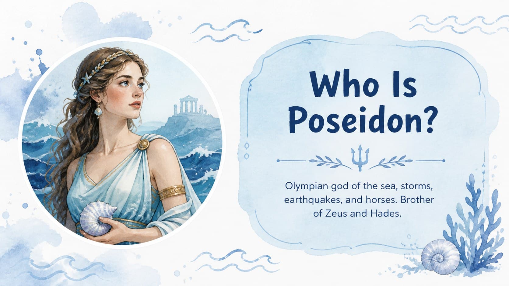 Illustrated Poseidon lesson slide introducing the Greek god of the sea with a concise profile.