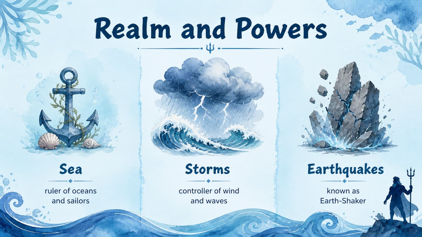 Blue watercolor Greek mythology slide explaining Poseidon's realm, powers, and responsibilities.