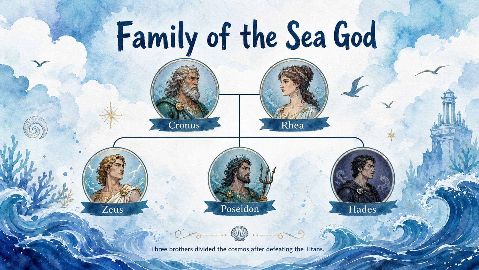 Poseidon family tree slide showing his place among the Olympian gods in an ancient Greece lesson.