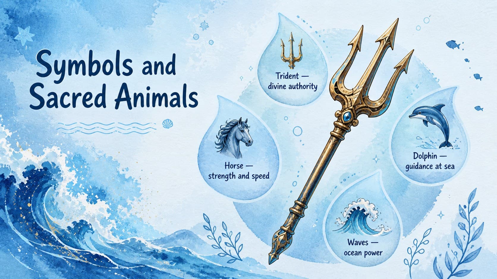 Watercolor Poseidon symbols lesson featuring the trident, horse, dolphin, and ocean waves.