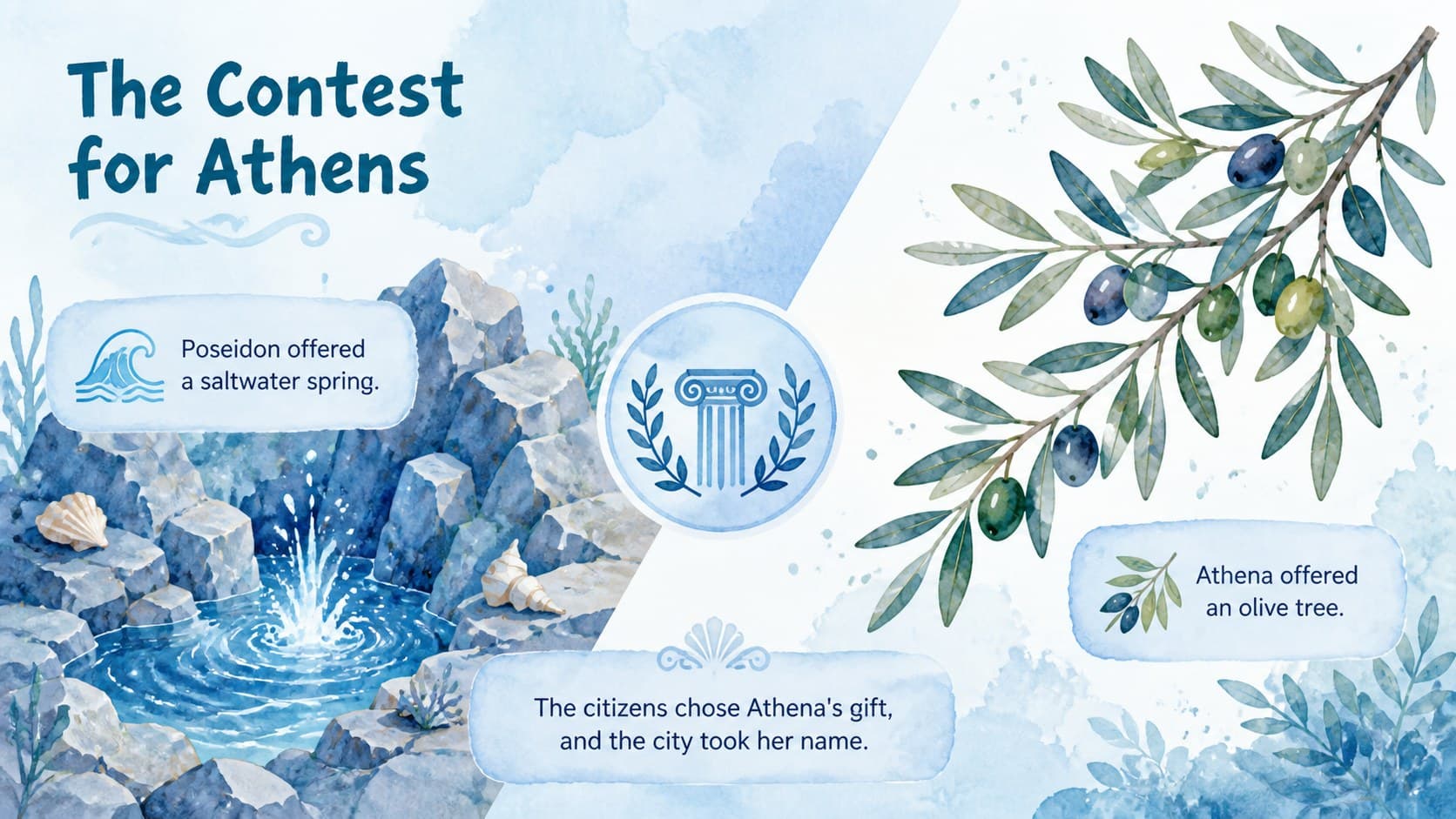 Greek mythology classroom slide summarizing the contest between Poseidon and Athena for Athens.