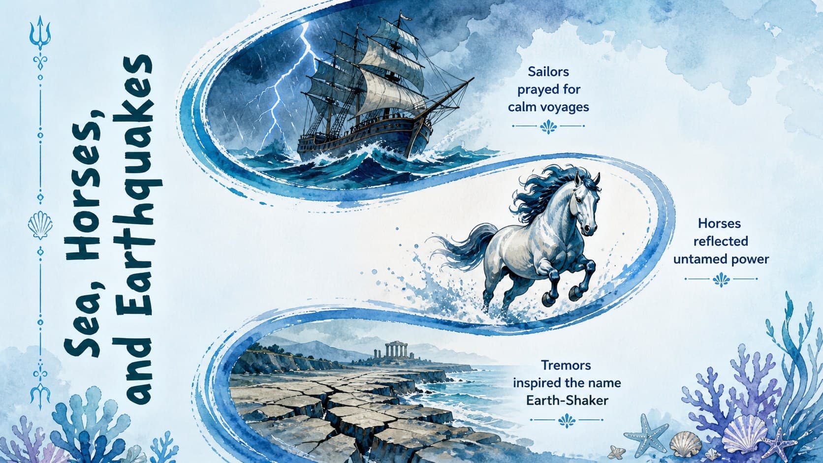 Illustrated ancient Greek sea god presentation slide about Poseidon's storms, horses, and earthquakes.