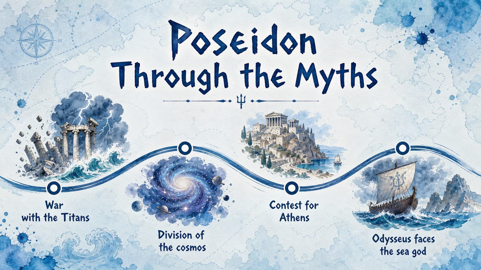 Poseidon myths timeline slide tracing major stories from the Titan war to the Odyssey.