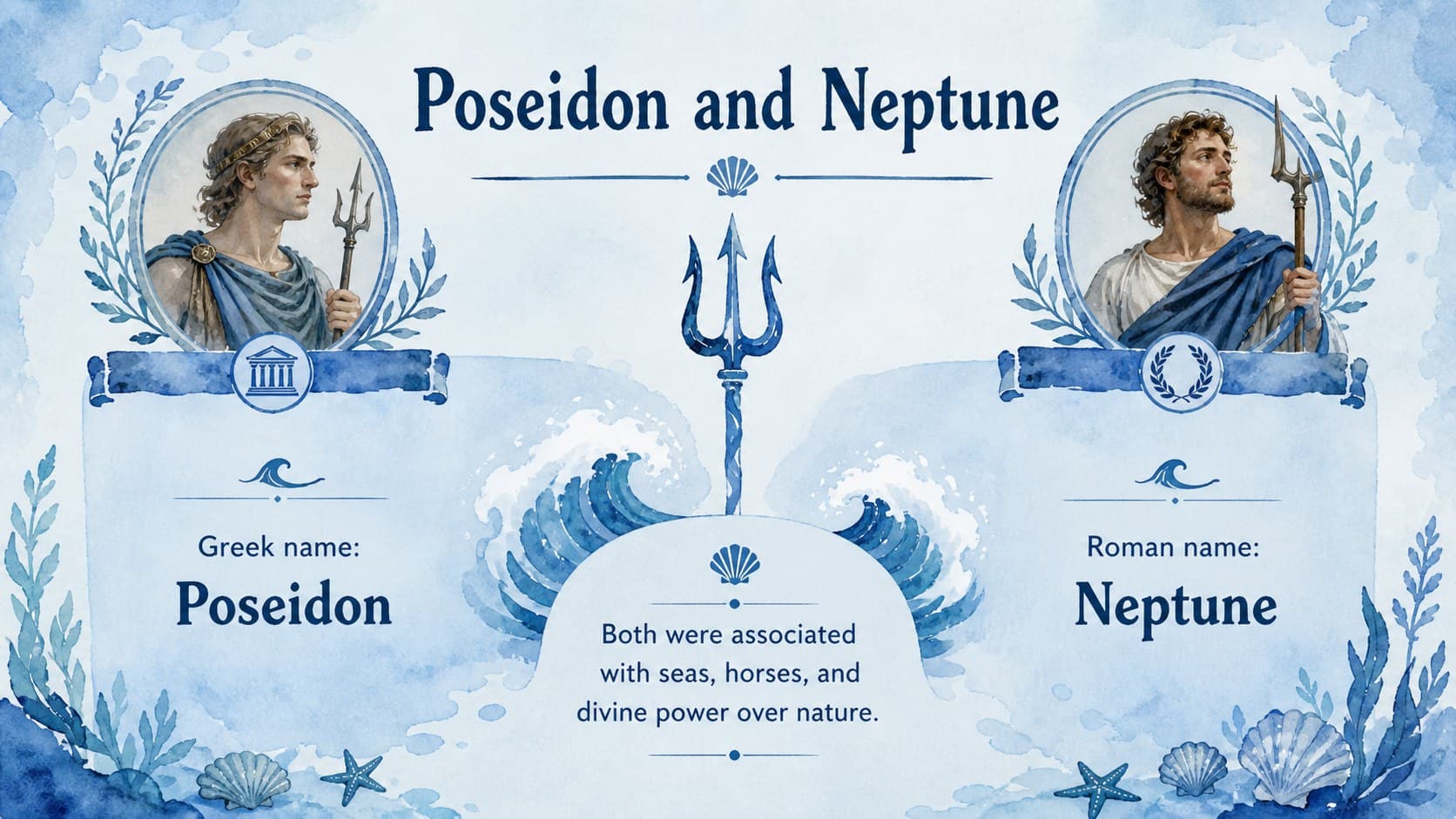 Classroom comparison slide explaining Poseidon and his Roman counterpart Neptune.