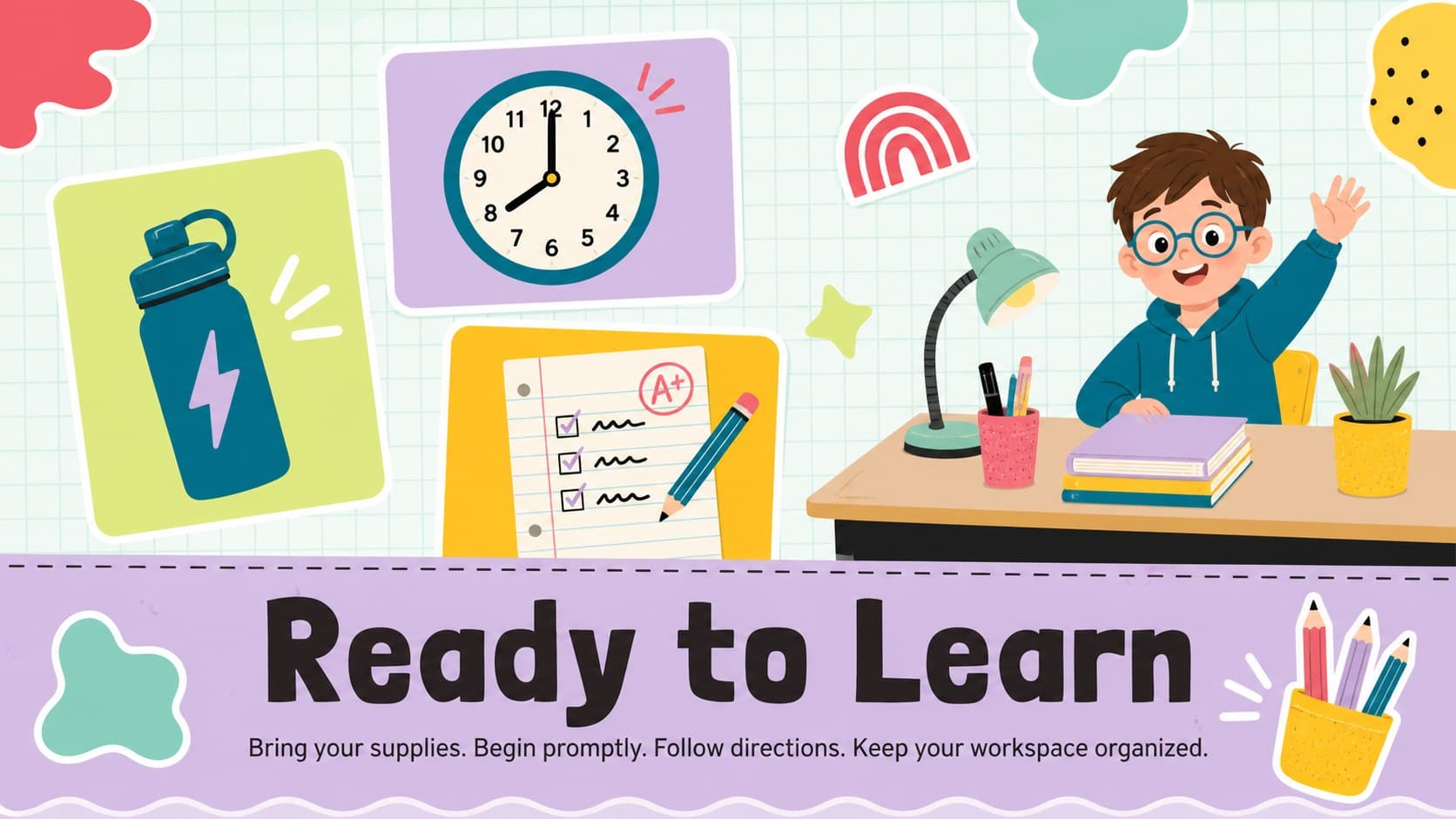Colorful printable classroom expectations sign focused on readiness and responsible learning routines.