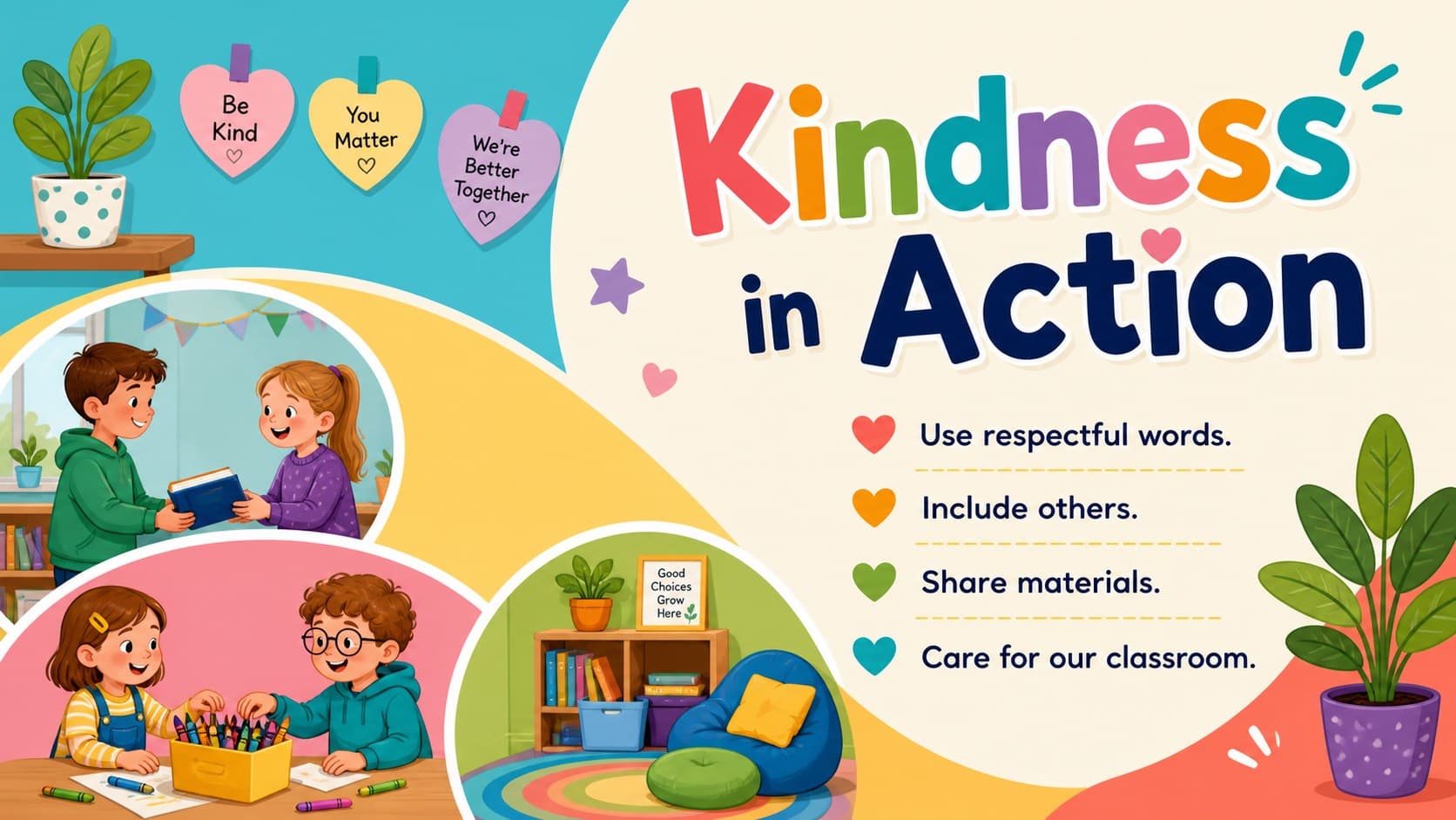 Kid-friendly classroom norms poster encouraging kindness, cooperation, and care for shared spaces.