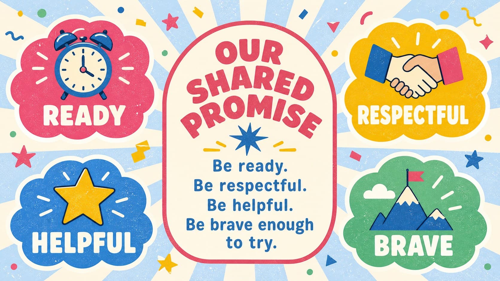 Colorful class agreement poster encouraging students to be ready, respectful, helpful, and brave.