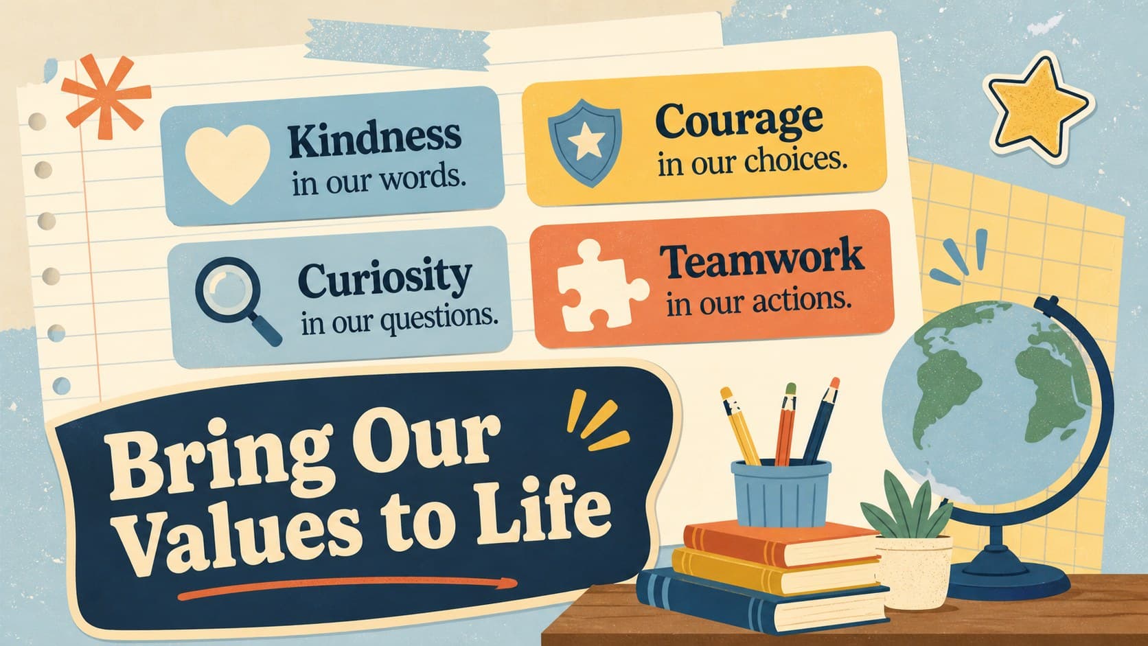 Editable retro classroom values poster inviting students to practice kindness, courage, curiosity, and teamwork.