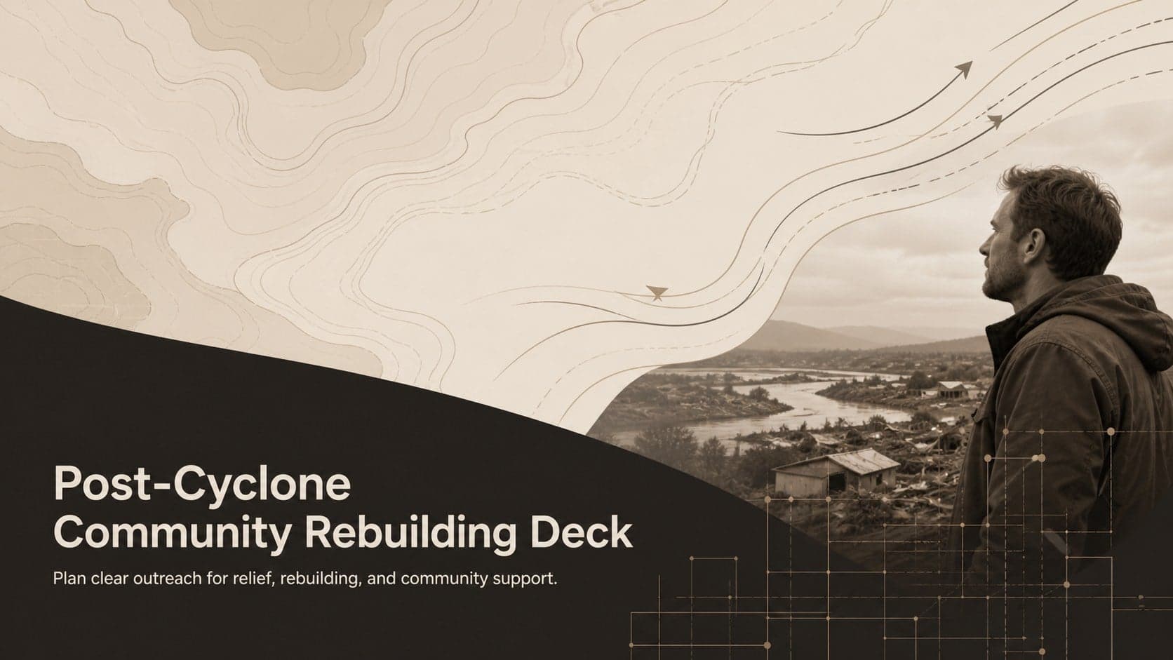 Cover of a post-cyclone community rebuilding deck in a minimal beige, brown, and black visual style.