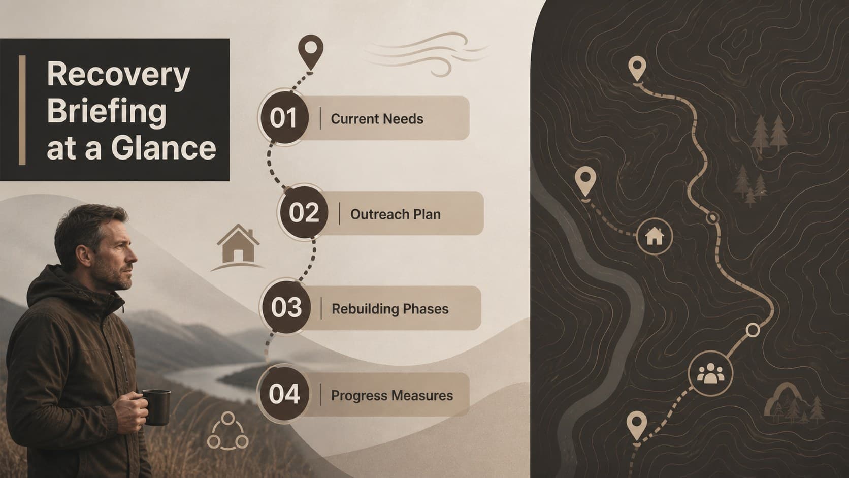 Minimal cyclone recovery agenda slide outlining needs, outreach, rebuilding phases, and progress reporting.