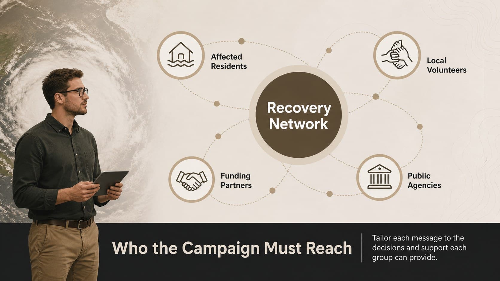 Post-cyclone recovery slide mapping residents, volunteers, donors, and public agencies as key audiences.