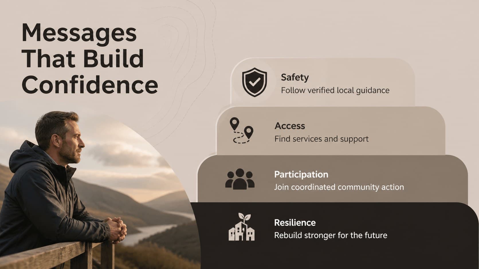 Disaster recovery campaign slide template showing message pillars for safety, access, participation, and resilience.