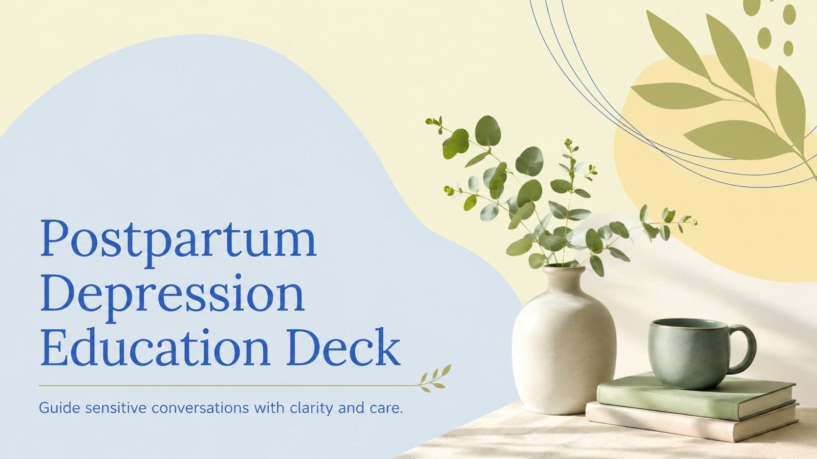 Cover of a postpartum depression education deck with calming green, blue, and yellow botanical accents.
