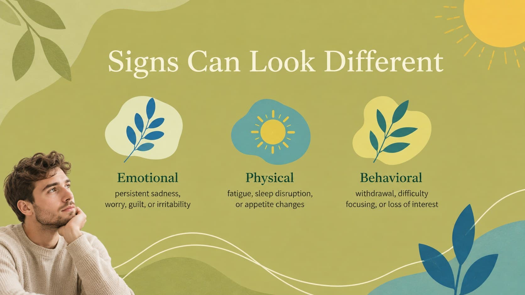 Maternal wellness education slide listing emotional, physical, and behavioral signs of postpartum depression.