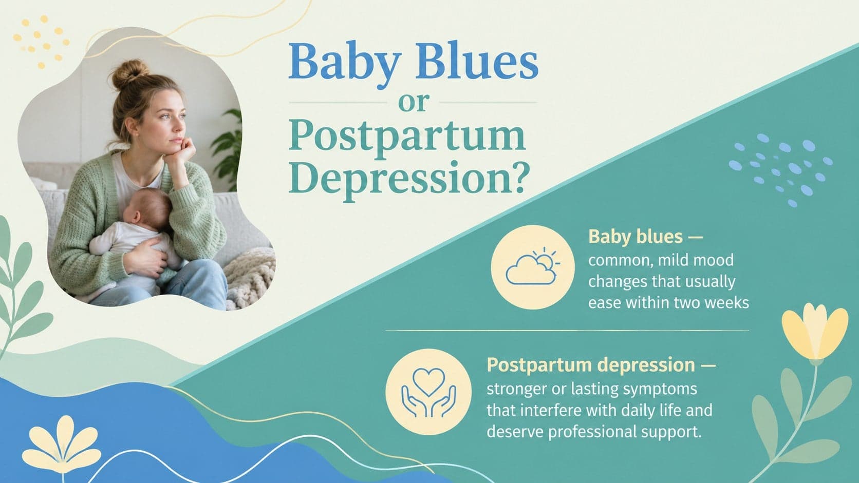 Postnatal depression awareness presentation slide comparing baby blues with postpartum depression.