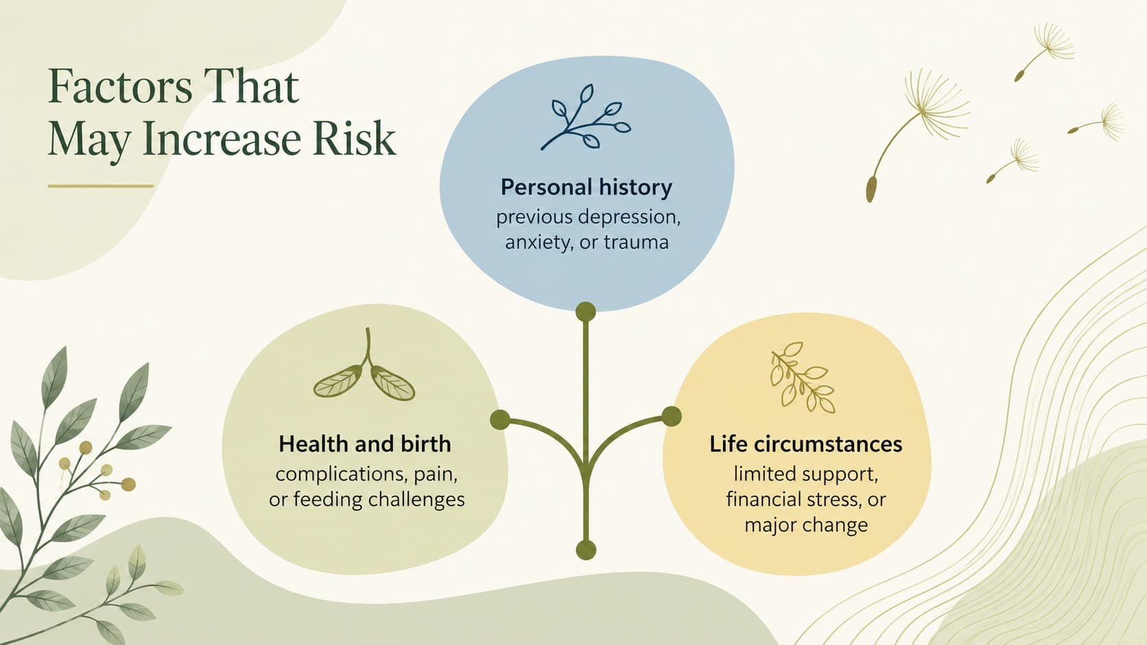 Postpartum depression signs presentation slide showing personal, medical, and social risk factors.