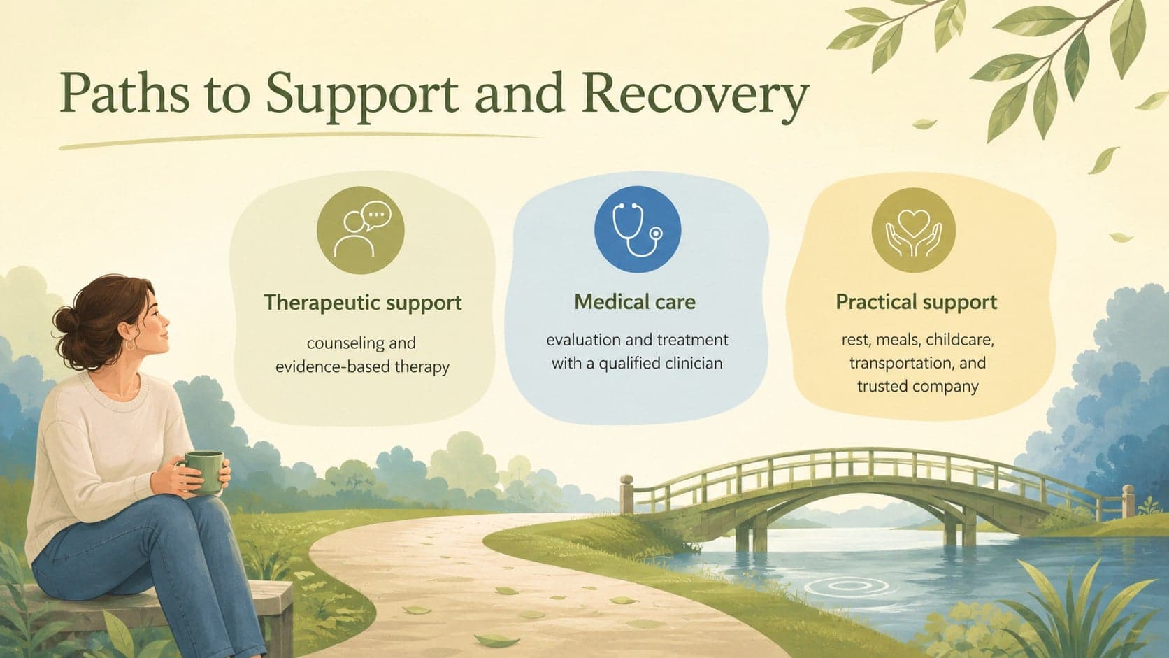 Postpartum support group slide presenting therapy, medical care, and practical support pathways.